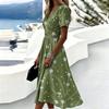 Women Midi Dress Short Sleeve V Neck Summer Casual A Line Waist Defined Floral Print Soft Lightweight Graphic Dress