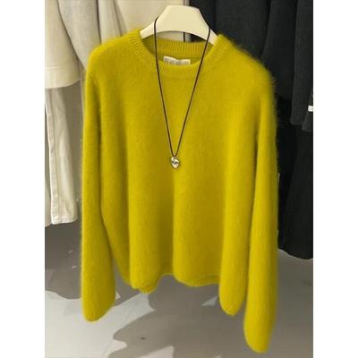 Lemon Yellow Round Neck Mohair Sweater Autumn and Winter Versatile Temperament Mink Fleece Soft Waxy Knitted Sweater