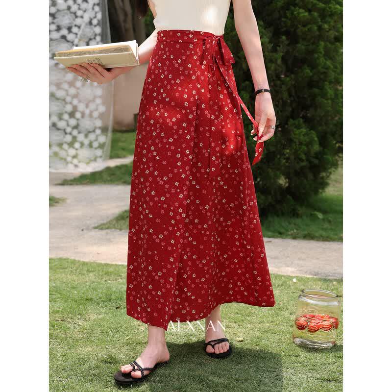 Lu Xiangnan Women s Retro Red A-Line Long Skirt S