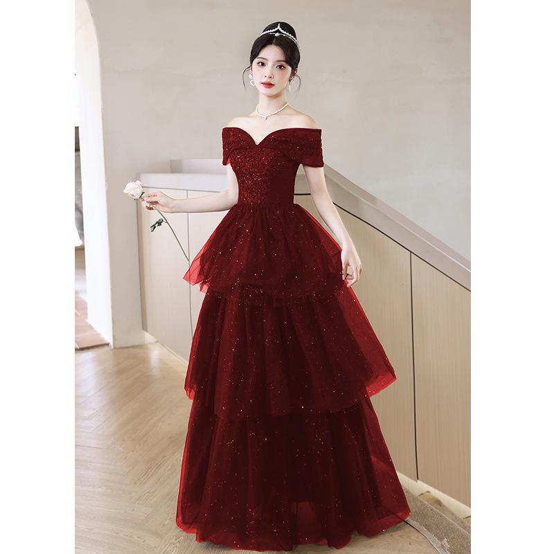 Toast Braut 1011 Neues Sommer Damen High-End Rotes Verlobungs Abendkleid Kleid Leichter Luxus Nische Atmosphärisch Hochzeitsbankett