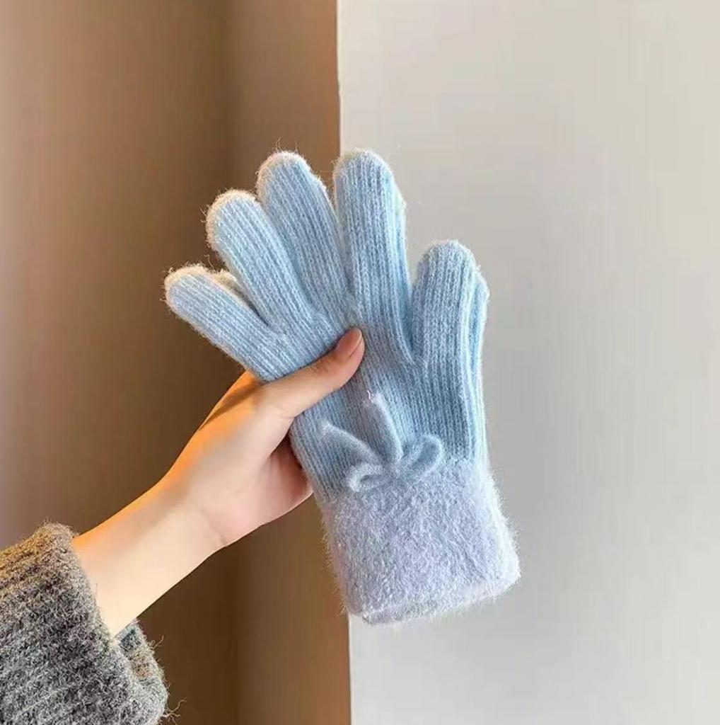 Cross-border Korean Style Cute Bow Wool Winter Gloves - Warm, Windproof, Full Five-Finger Design