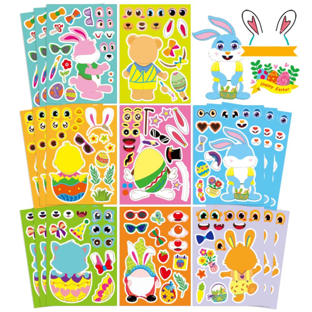 8/16sheets Easter Rabbit Egg Puzzle Stickers Cute Make a Face Animals Cartoon Decals Jigsaw Toys Educational Toys Gifts