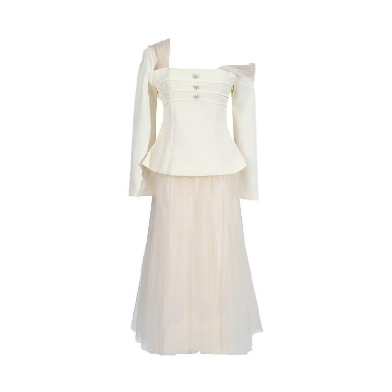 Niche Design Temperament Sloping Shoulders Waist Top With Lace Mesh Skirt Suit Women
