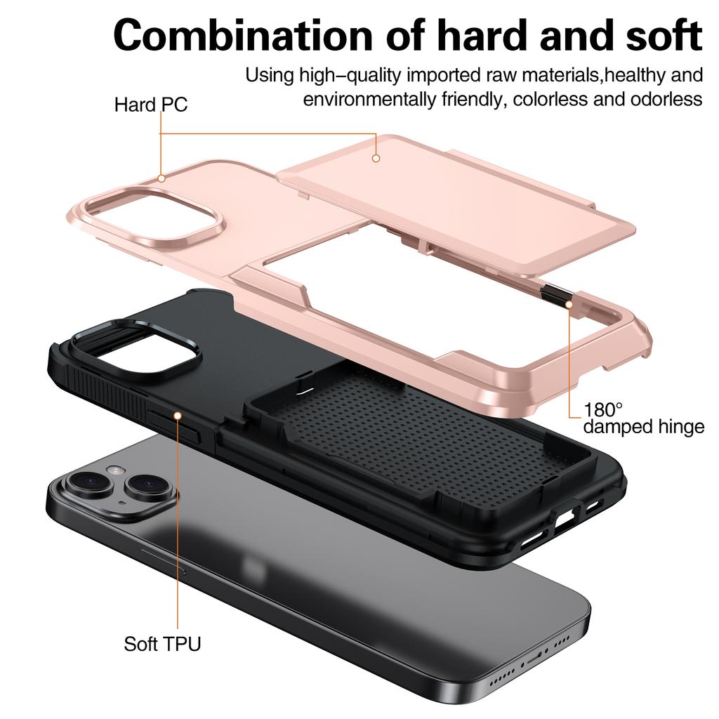 For iPhone 15 Cases Card Slot TPU+PC Kickstand Phone Case