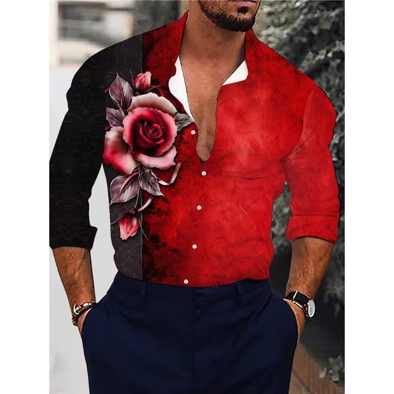 New Men's Long Sleeved Shirt with Casual Lines, Floral Retro Long Sleeved Shirt, Button Up Lapel Men's Shirt