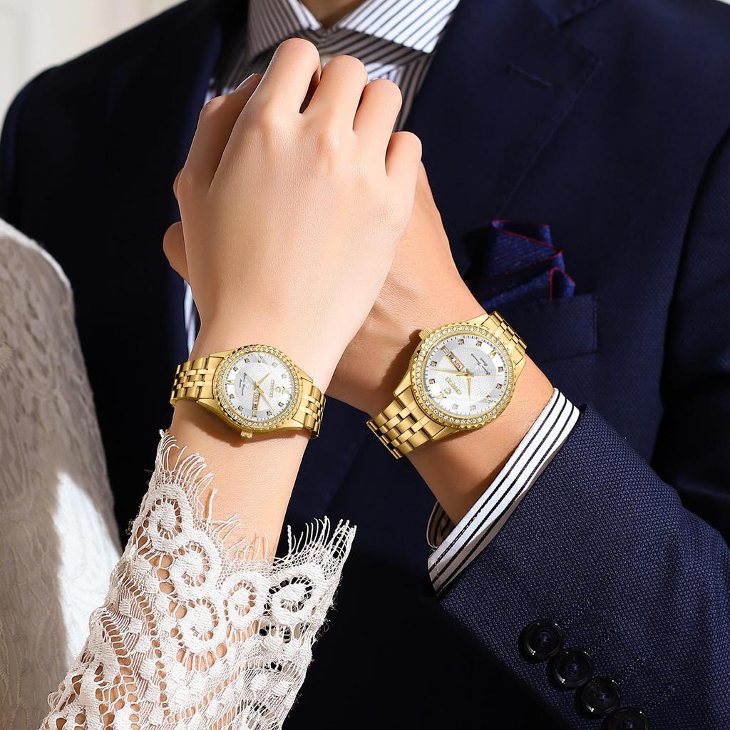 Stilvolle Herrenuhr aus Edelstahl, Gold: Analoganzeige, Kalender, 3 ATM Wasserdichtigkeit, Tagesanzeige, Quarzwerk, Partneruhr, Freizeit,