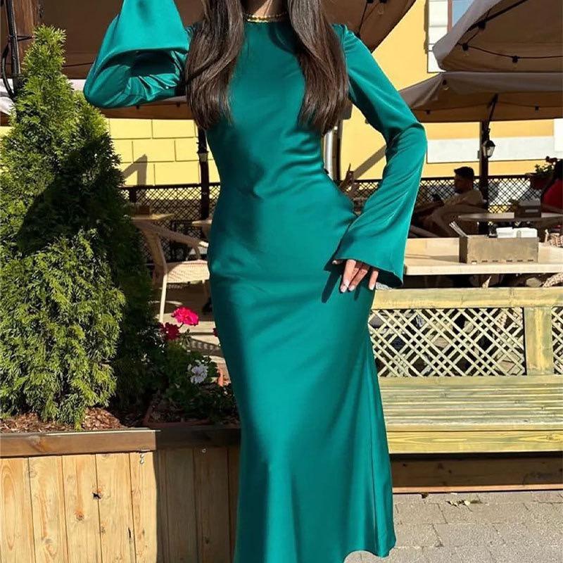 Fashion Slim Maxi Dress for Women Long Sleeve High Waist Elegant Solid Party Dress Casual Luxury Ladies Dress