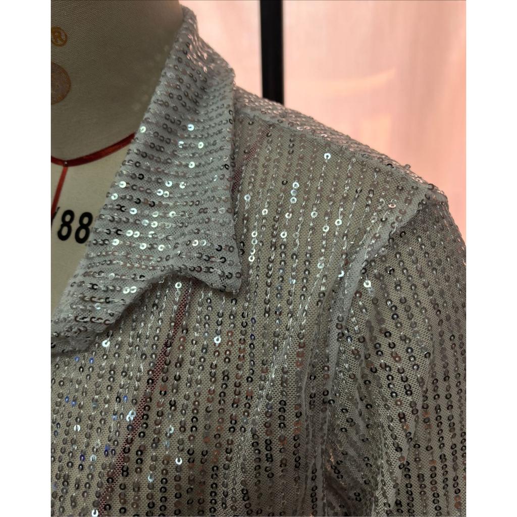 Loose Long Sleeved Fashionable Party Costumes Cardigan Top with Sparkling Sequins Women's Blouses & Shirts