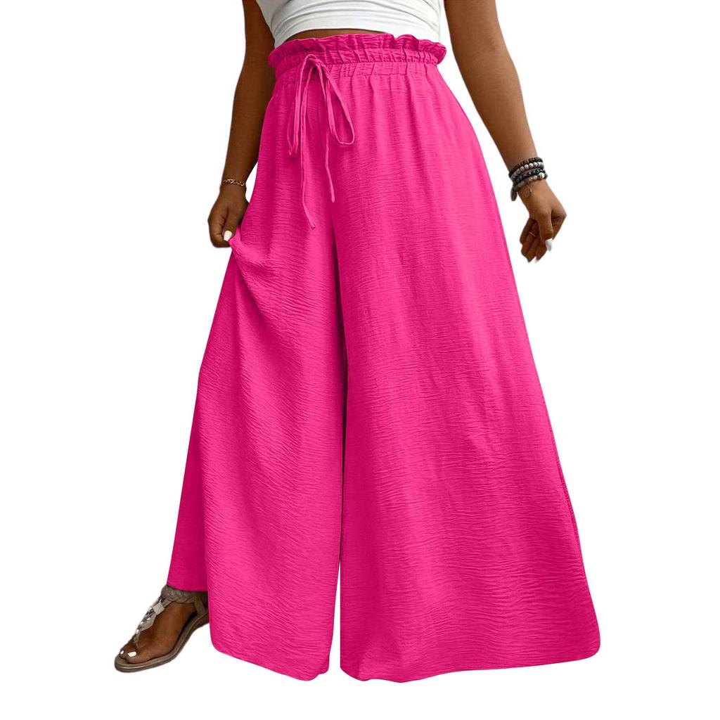 Women High Waist Wide Leg Palazzo Pants Drawstring Elastic Waist Loose Fit Flowy Long Trousers with Pockets for Casual Daily Wear