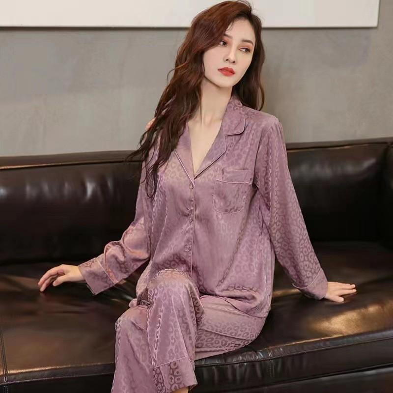 2Pcs/set Women's Simulation Silk Pajamas Autumn and Winter Long Sleeve Long Pants Student Homewear Suit Leopard Print Temperamen