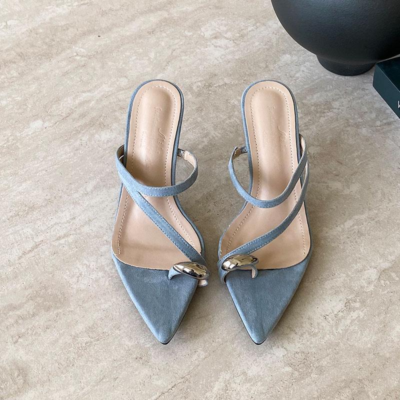 

Fashion Fashion Pointed Toe Ladies High Heels Pumps Slides Shoes Female Slip On Footwear Metal Women Thin Heels Shoes Flip flops 35 синий