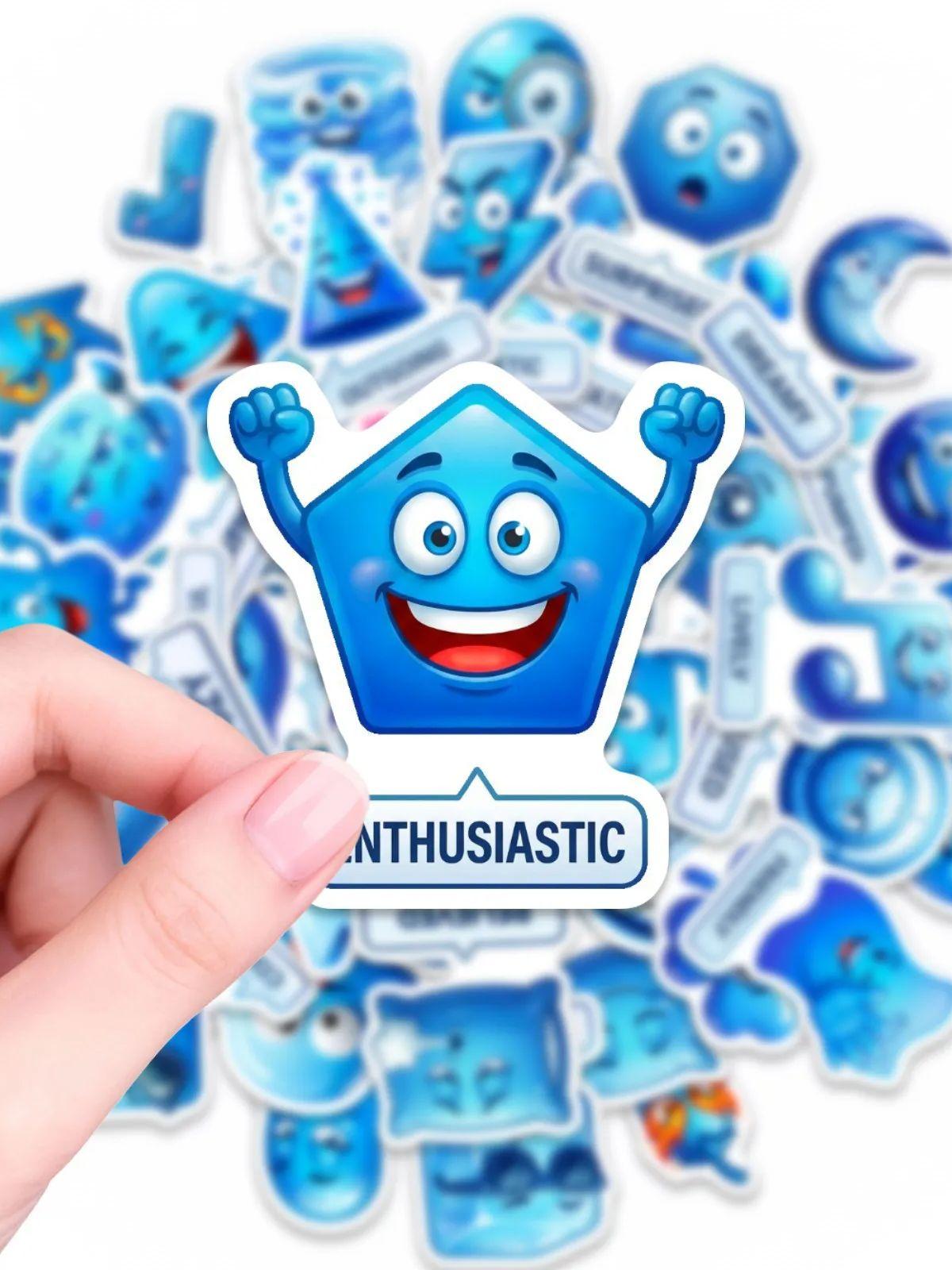 

50/100 Pcs Blue Mood Management Stickers Cartoon Emoji Alphabet for Game Phone Toy Shelf File Holder Laptop Decals