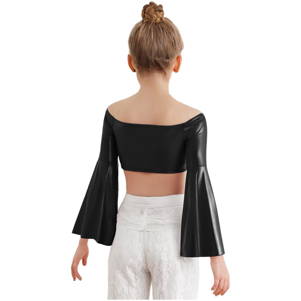 Flickors Prestanda Crop Top Lång Utställd Ärm Off Shoulder Metallisk Design Födelsedagsfest Toppar