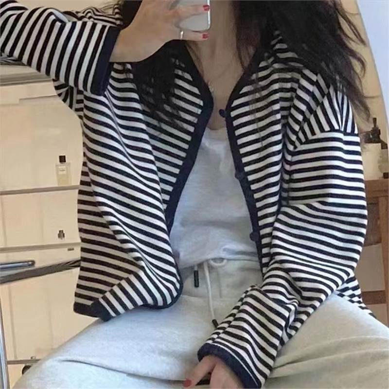 Retro Lazy Style Black White Stripe Knit Cardigan Women Loose Sweater Coat Spring Autumn