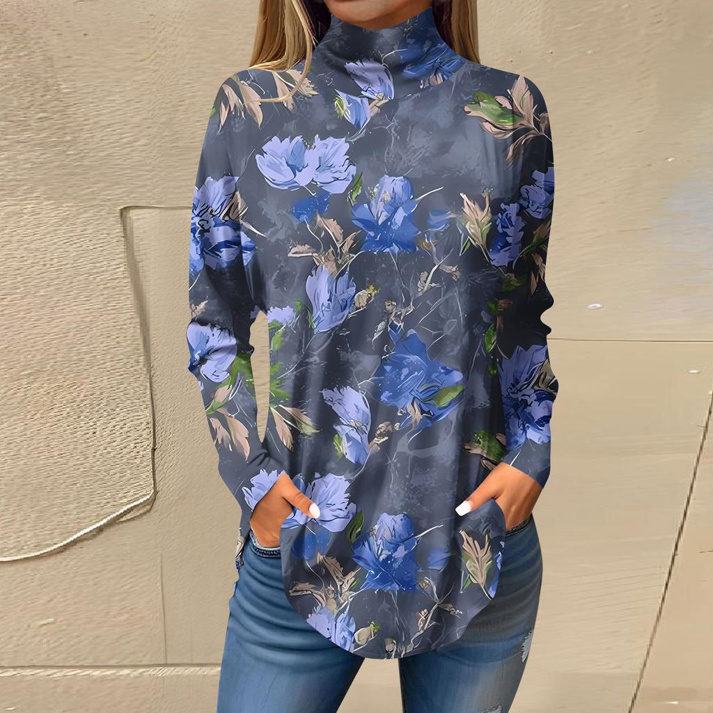 Tricouri pentru femei, toamnă, ocazional, cămăși cu mânecă lungă, hanorac, cu imprimeu vintage, cu gât înalt, pulover