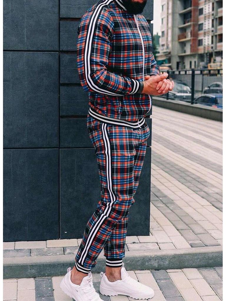 Autumn Men's Casual Plaid Sport Suit: Zip-Up Jacket & Long Pants Two-Piece Set