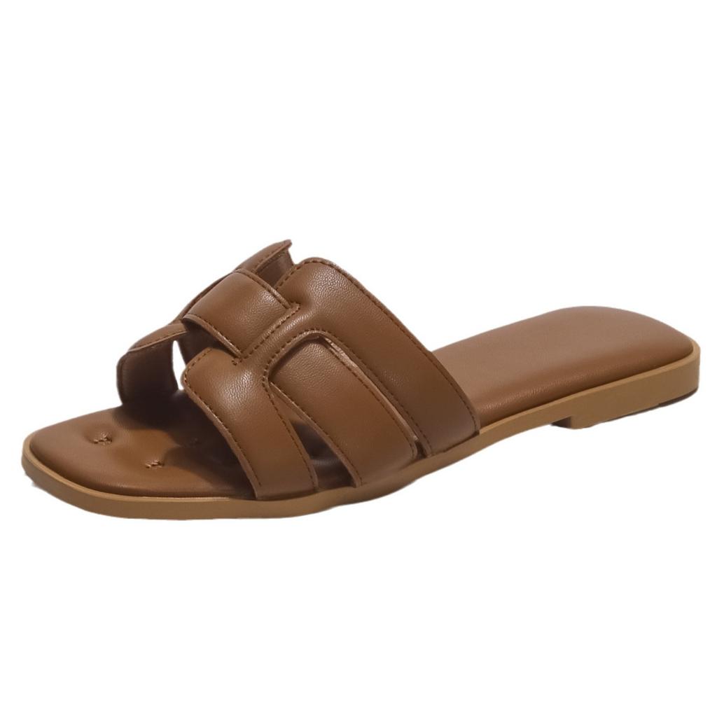 French retro outer wear cool slippers women's 2025 new leather woven one-word drag summer dress wear beach sandals