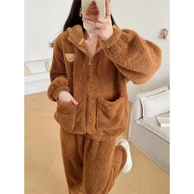 Winter Women's Suit Plus Velvet Thickened Hooded Beam Feet Casual Warmth High-value Pajamas Can Be Worn Outside At Home
