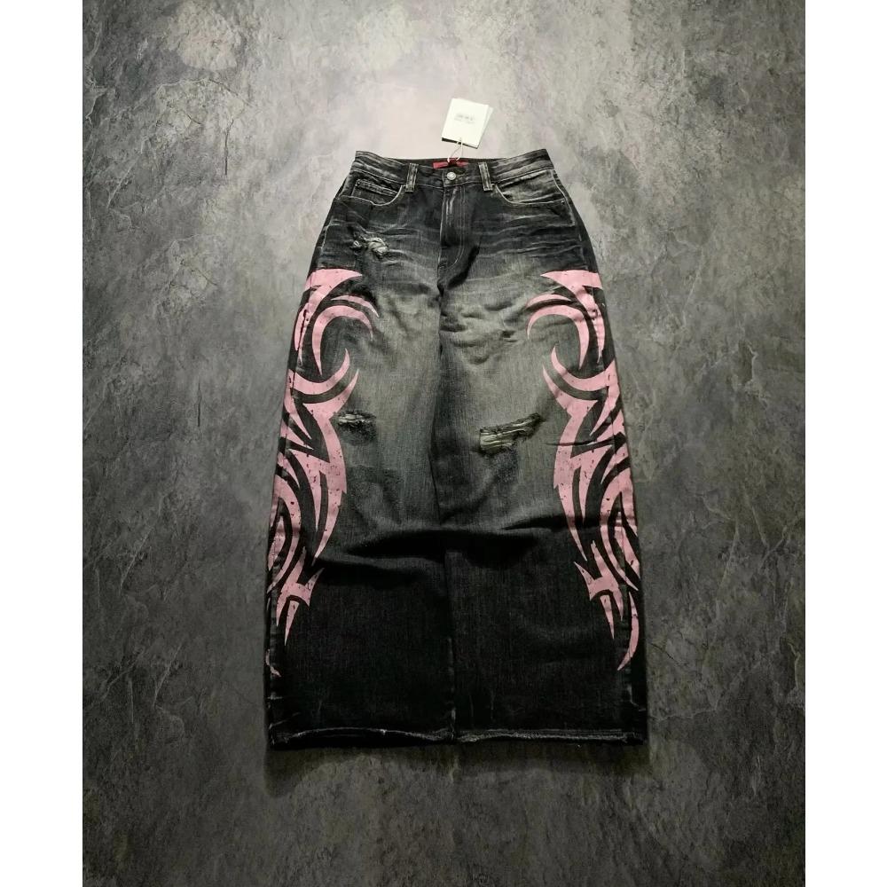 RogueWave Y2K Rosa Baggy Jeans Vintage Trykkmønster Vasket Ripped Jeans Hip Hop Streetwear Harajuku Menn Kvinner Casual Vide Ben Jeans