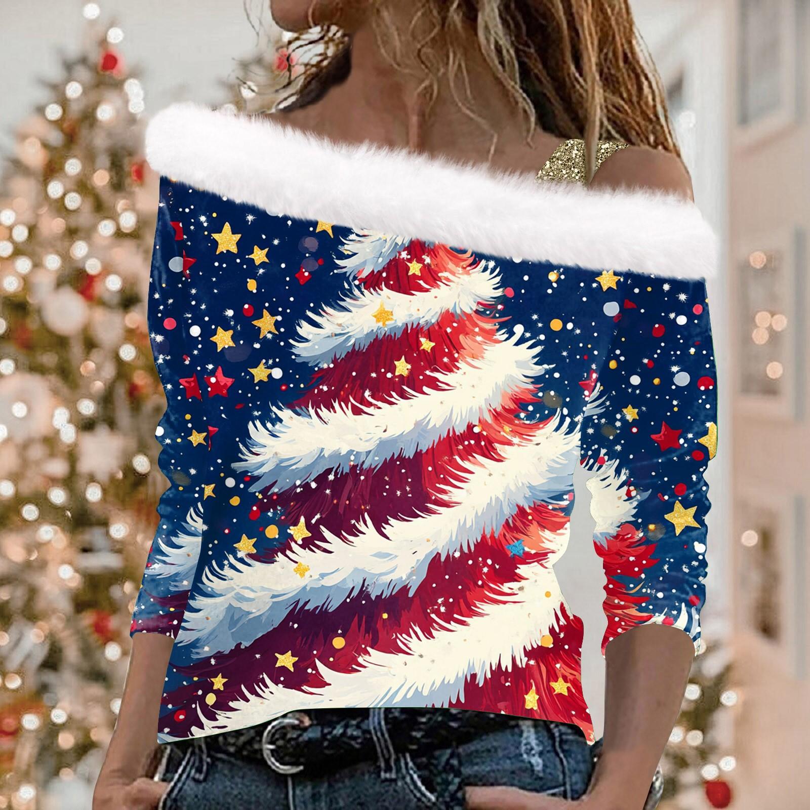 

Жіночий повсякденний модний плюшевий топ із відкритими плечима з довгим рукавом і різдвяним принтом M