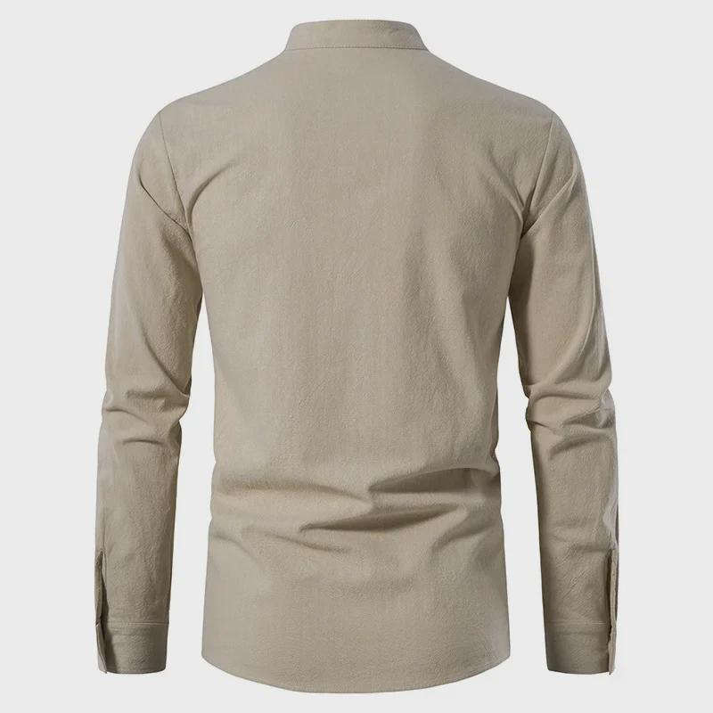 Herren 2024 V-Ausschnitt Langarm Henley Shirt, Einfarbig Baumwolle & Leinen, Lockerer Lässiger Stehkragen
