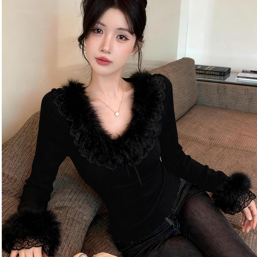 Feel French Lace Slimming Sweet Patchwork Long Sleeve Thinning Fur Collar Women's Autumn Top