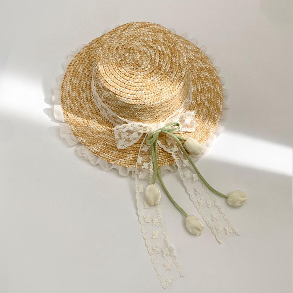 Wide Brim Lace Bow Straw Hat Flower Summer Beach Sun Hat  Beautiful Scenery