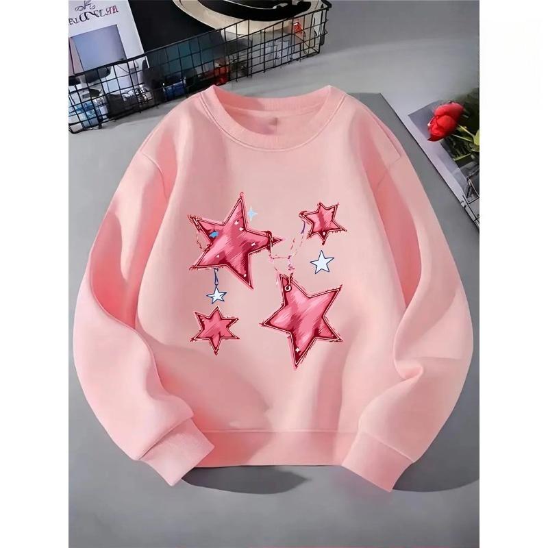 Kids Crewneck Sweatshirt, Pink Star Graphic Print, Spring Fall Casual Sport Tops