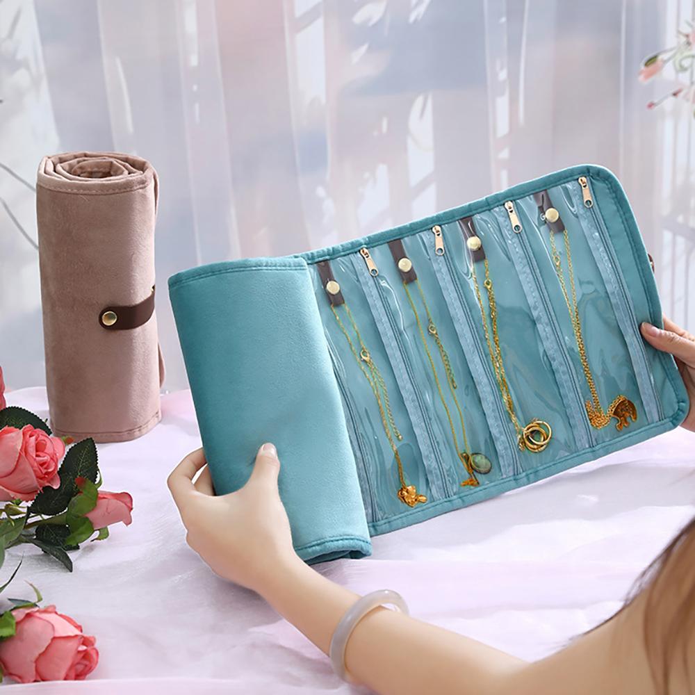 Samt Schmuckaufbewahrungstasche, mehrschichtige Ohrring-Halsketten-Aufbewahrungstasche, tragbare und aufrollbare Reise-Accessoire-Organisationstasche