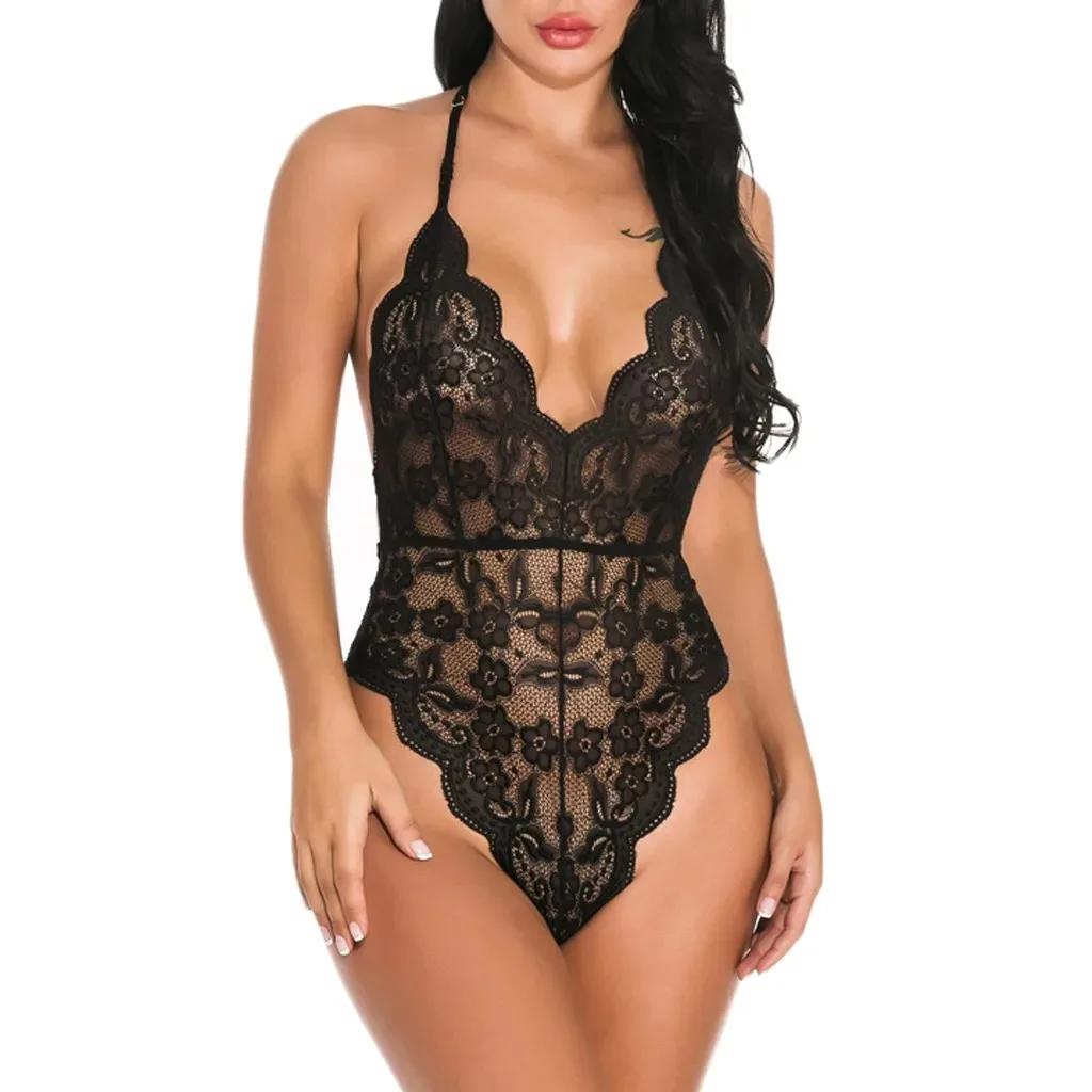 Deep V See Through Halter Dress Sexy Lingerie Women Erotic Backless Pajamas Lace Babydoll Sensual Crotchless Underwear