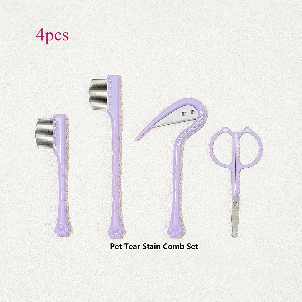 

4pcs Pet Facial Cleaning Comb Set Removes Tear Stains Eye-poop Cat Paw Comb Dog Hair Repair Scissors Cat Hair Comb Pet Supplies фіолетовий
