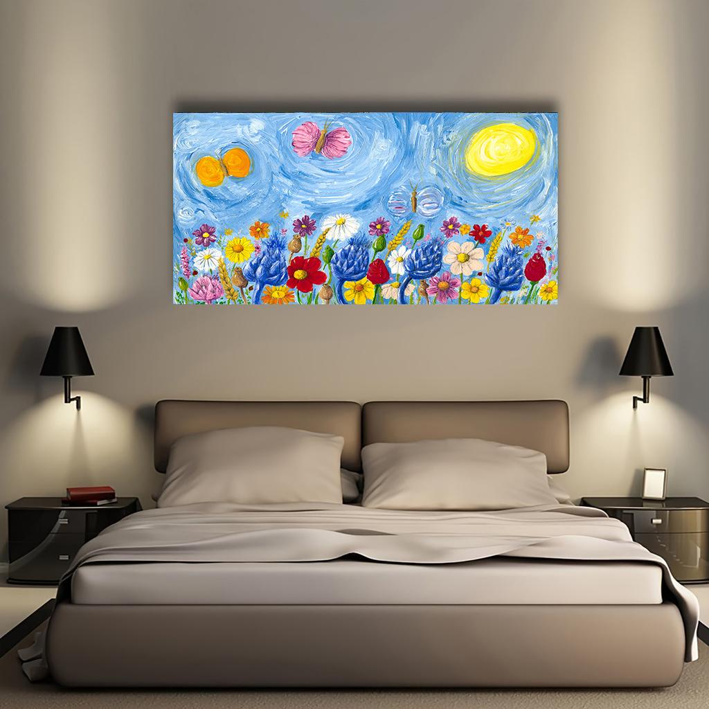 Prairie pleine de fleurs colorées, peinture de paysage, œuvre d'art imprimée moderne pour chambre à coucher, bureau, décoration de maison