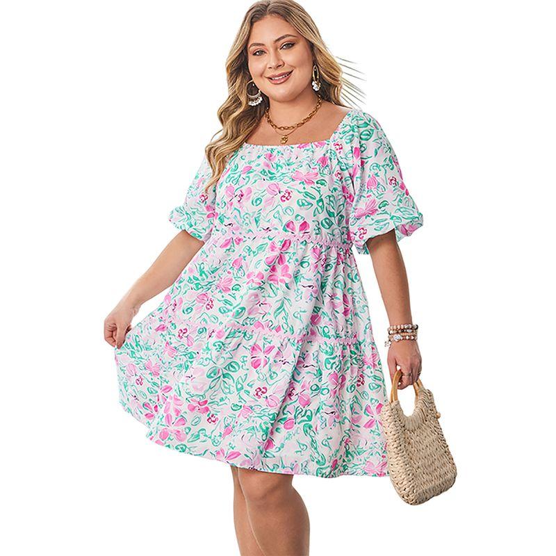 

American Shiying Summer New Floral High Waist Short dress Women 2025 Loose Puff sleeve Plus size dresses Women Flowers 4XL fit (90.00 kg-100.00 kg