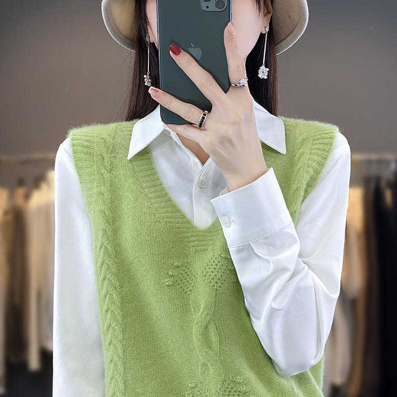 Pletená vesta s výstřihem do V Dámská podzimní a zimní móda Univerzální vesta bez rukávů Žakárový spodní top