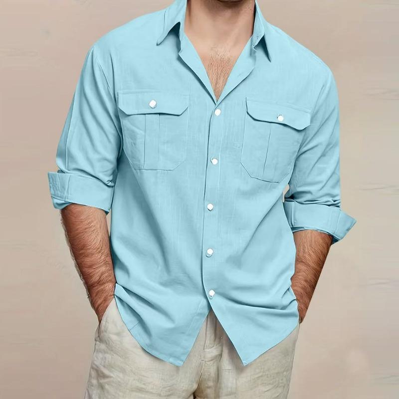 Camicia da uomo a maniche lunghe in cotone con doppia tasca, colori casual