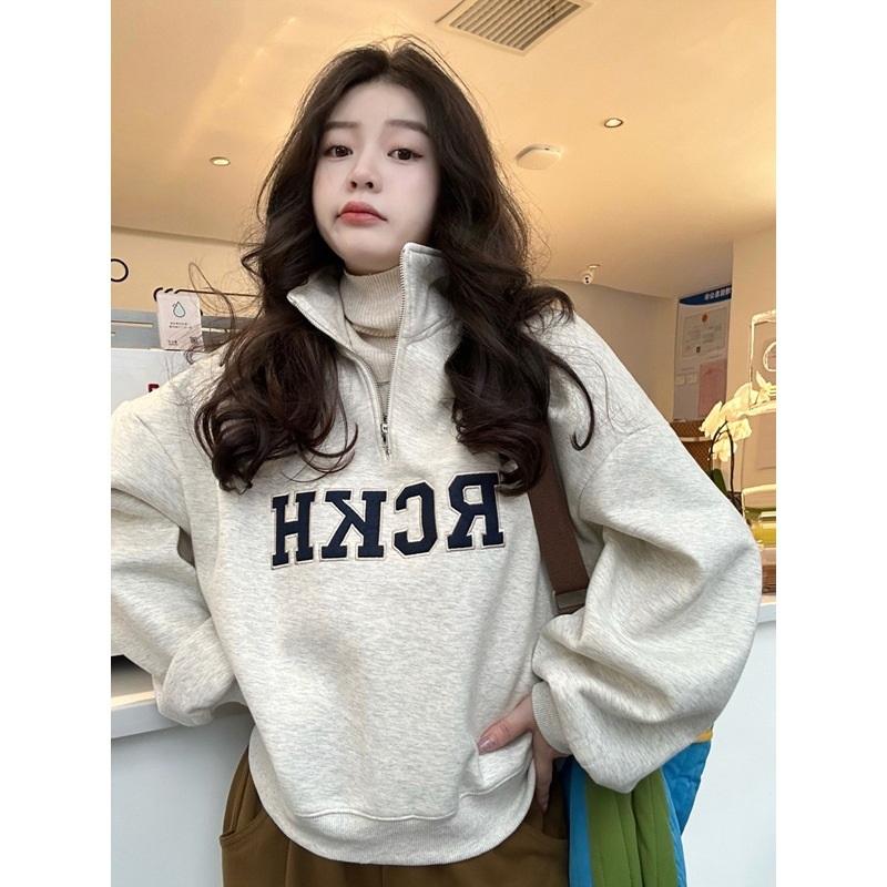 

Letter Print Half-Zip Sweatshirt Women | Casual Stand Collar Long Sleeve Pullover L