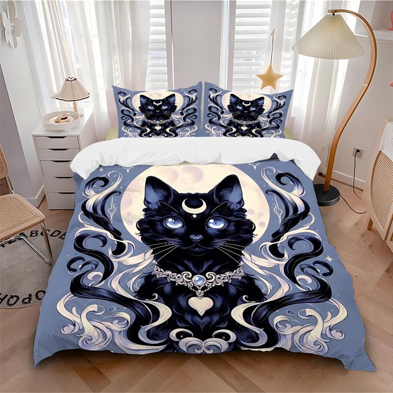 3pcs Moonlight Black Cat Quilt Set Cartoon Themed Bed Quilt Set Lovely Character Bedroom Decor Bed Quilt Set Four Seasons (1 Cover + 2Pillowcase