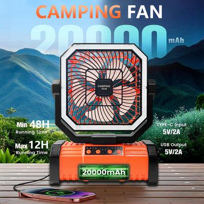 Cordless Camping Fan, 20000mAh Battery Powered Fan Battery Operated Rechargeable Portable Outdoor Tent Fans with Hanging Hook