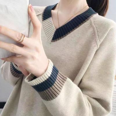 Sweater Women's Casual Contrasting Color V-neck Pullover Long Sleeved Fashion Base Knit Sweater Women's