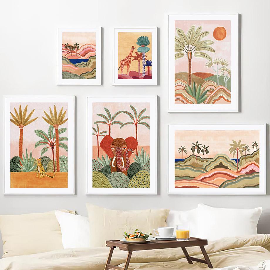 Akvarell Tropiskt Träd Giraff Elefant Boho Abstrakt Affischer Och Tryck Väggkonst Canvas Målning Bild Baby Barnrum Dekor