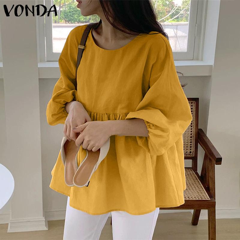 VONDA Women Round Neck Casual Long Sleeve Elegant Oversized Blouse