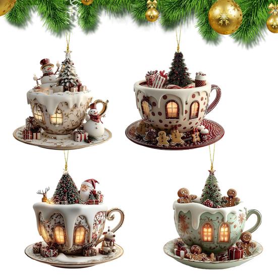 4 Pcs 2D Acrylic Christmas Ornament Cup Shaped Hot Cocoa Hanging Ornaments Snow Village