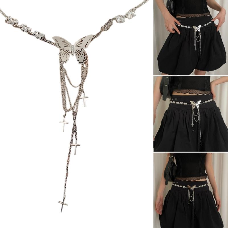 Fringed Butterfly Waist Chain Lustrous Metallic 2000s Belly Chain Belt for Female Fashion Waist Decors Women Body Jewelry