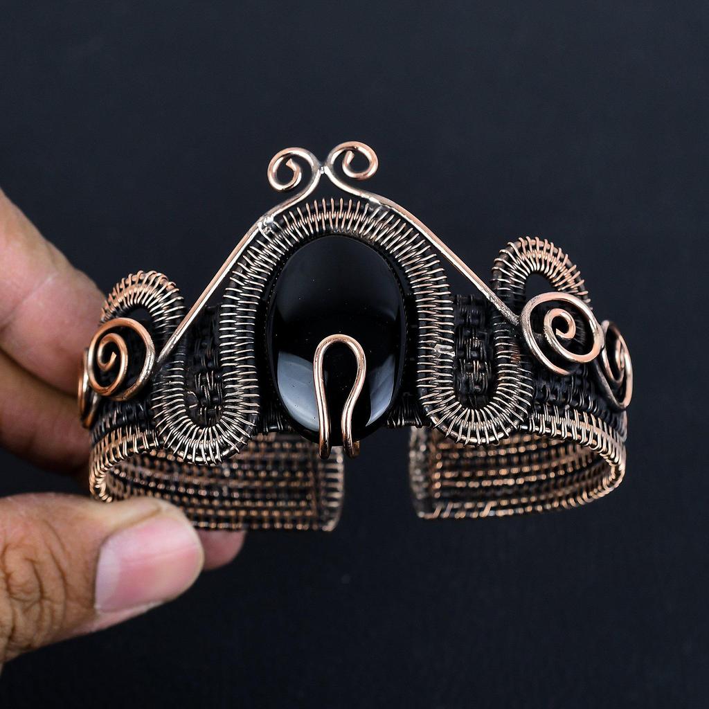 Black Onyx  Bangle 999 Copper Wire Wrapped Cuff Bracelet, Adjustable Bangle Gemstone Jewelry, Gift For Mom Handmade Brand, New Jewelry