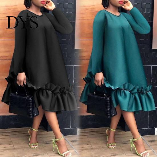 Faltenrock-Kleid Übergröße A-Linie Rüsche Knielang Einfarbige Midi-Länge Damen Ärmel O-Ausschnitt Breite Taille für Verabredungen Formelle Bankette Partys Frühling