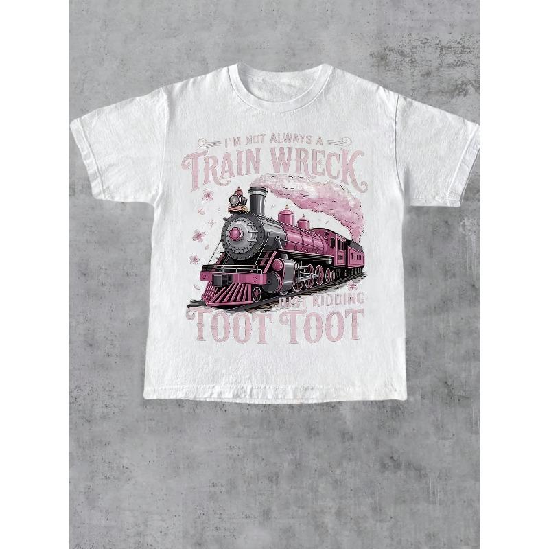 

T-shirt - Loose Casual Pink Train Accident Pattern Short Sleeved Shirt with The Slogan Soft Round Neck Design European Size S белый