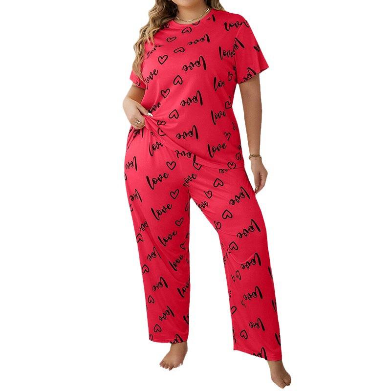 European & American Style Women's Plus Size Heart Print Pajama Set - Short Sleeve, Crew Neck, Long Pants