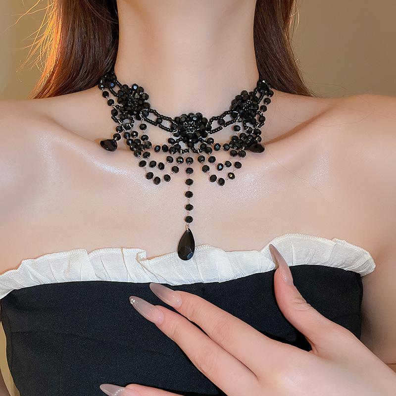 Dark Style Multi-Layer Teardrop Seed Bead & Crystal Flower Necklace - Punk & Elegant Women’s Clavicle Accessory