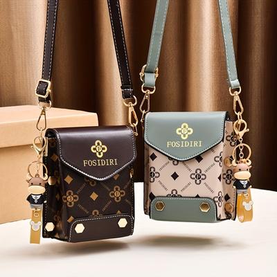 Retro Mini Flap Crossbody Phone Bag, Letter Print Shoulder Bag, Women's Studded Decor Square Purse