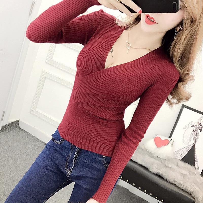 Women's Slimming V-Neck Sweater - Autumn/Winter Long Sleeve Knit Top